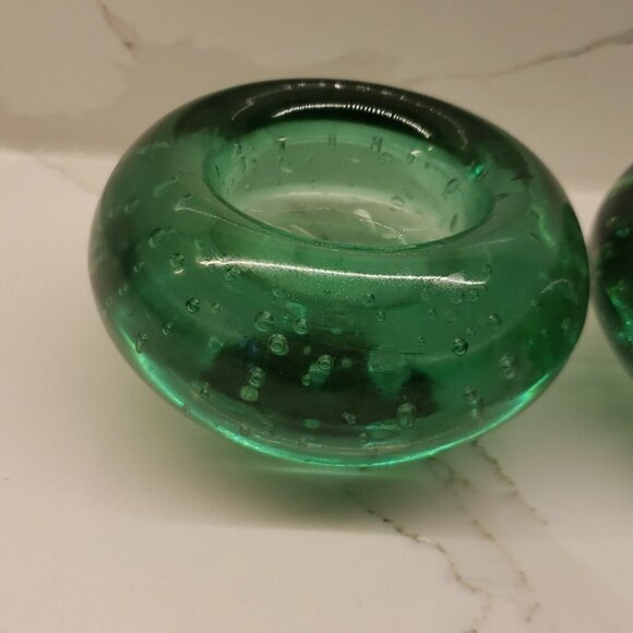 SET of 2 Green Art Glass Bubble Paperweight Tea light Candle  Holder - Picture 3 of 5